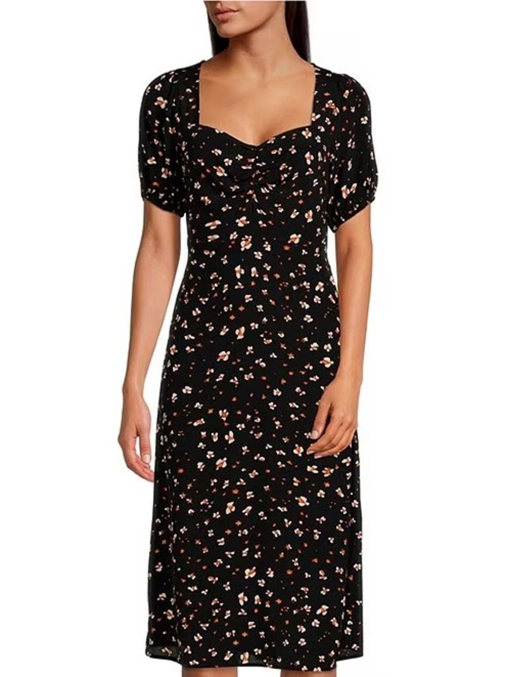 Black Floral Midi Dress with Sweetheart Neckline
